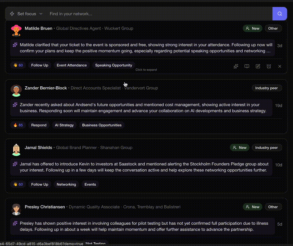 Action feed scrolling through suggested contacts and messages